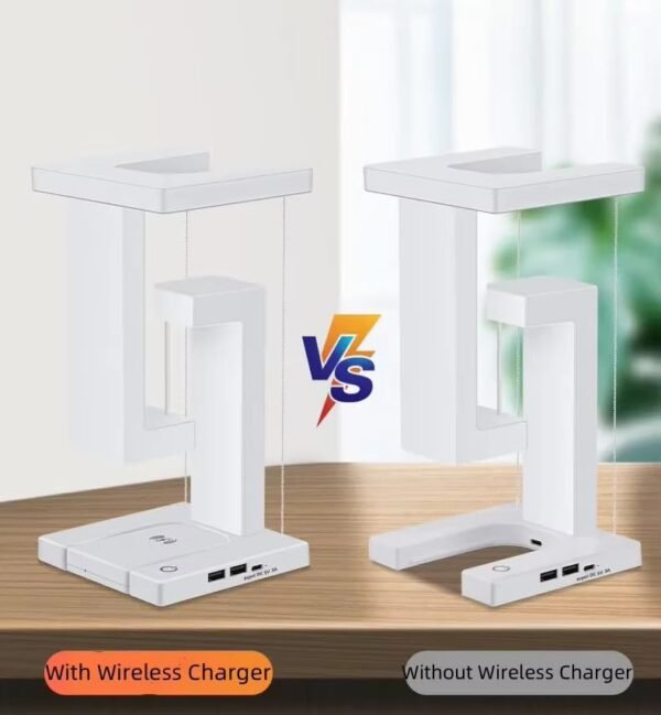 Two distinct wireless charging stands displayed on a table, showcasing their unique designs and functionalities.