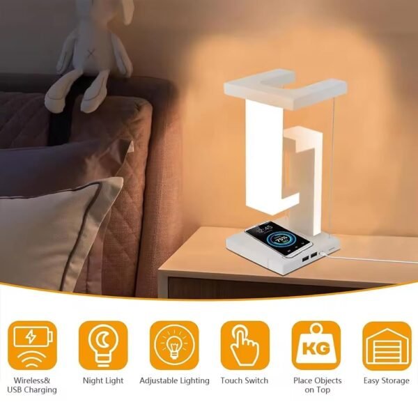 A white LED lamp featuring a remote control placed on top, showcasing a modern and functional design.