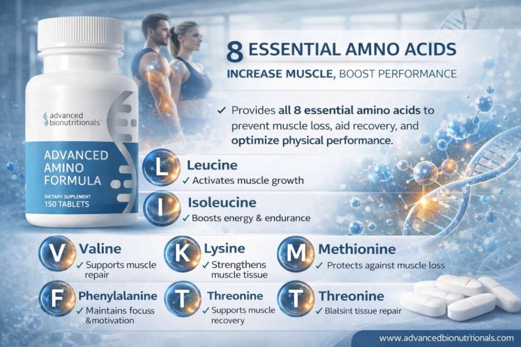 Eight essential amino acids highlighted for their role in promoting muscle growth and recovery.
