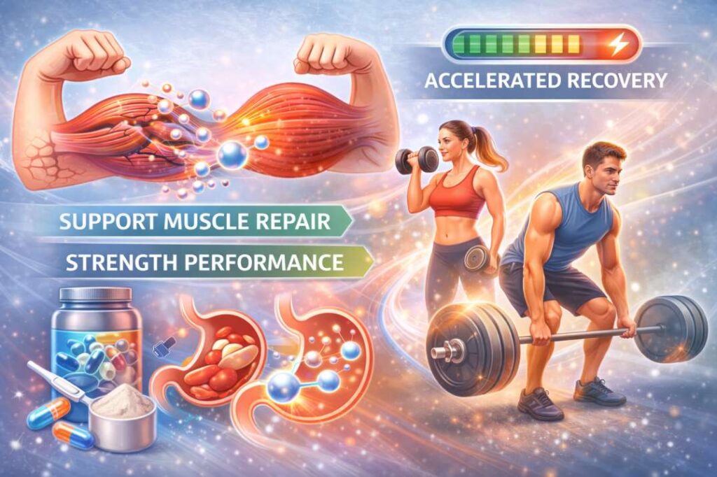 muscle recovery featuring athletes, product images, and key benefits for enhancing post-exercise recovery.