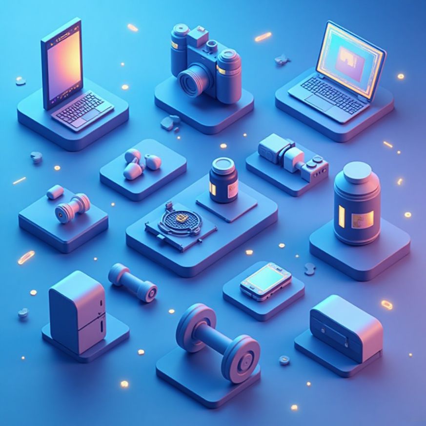 A collection of various devices and gadgets displayed on a vibrant blue background.