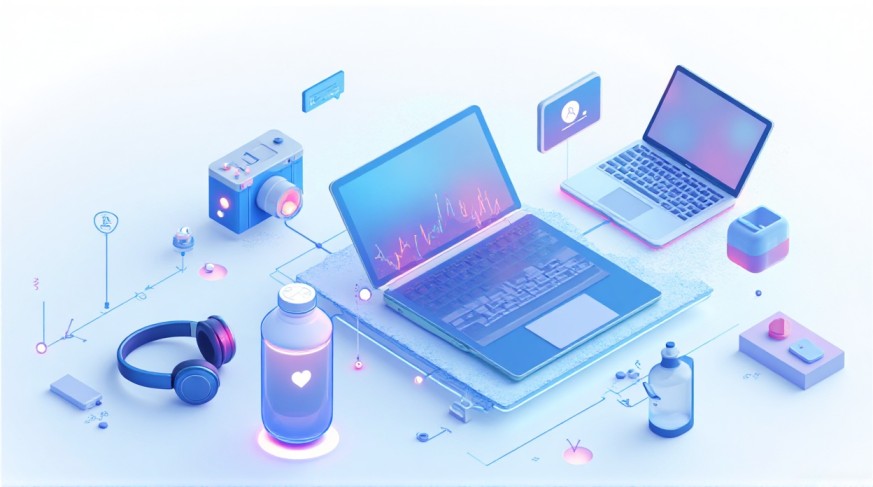 A laptop, headphones, and various electronic devices arranged on a desk, showcasing a tech-savvy workspace.