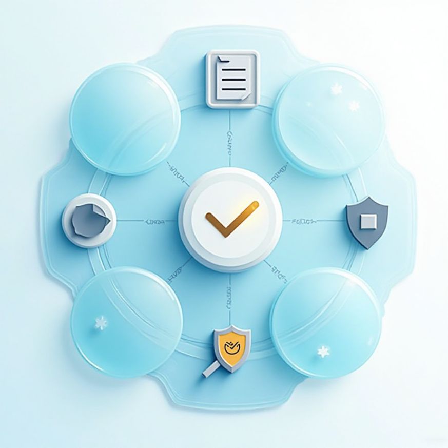 A blue circle surrounded by various icons, representing different concepts or functions.