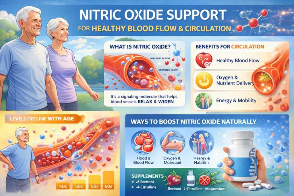how nitric oxide supports healthy blood flow, circulation, and vascular health in adults over 50