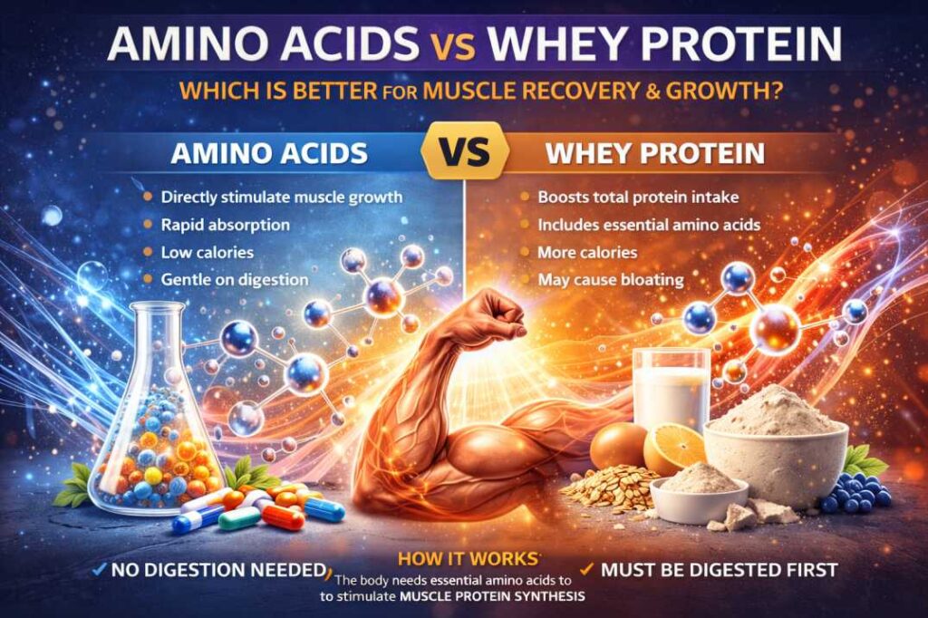 Infographic comparing amino acids and whey protein for muscle growth