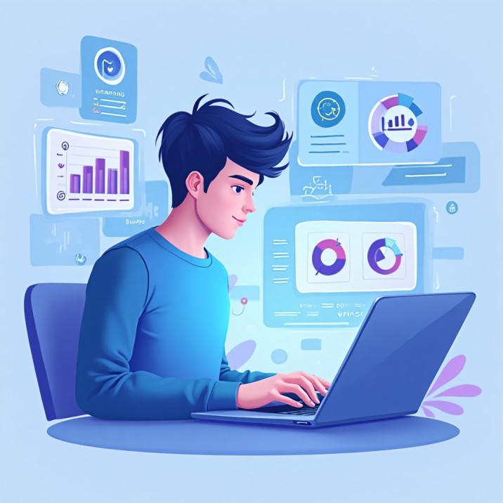 A man focused on his laptop, analyzing graphs and charts displayed on the screen.